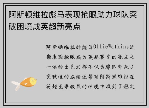阿斯顿维拉彪马表现抢眼助力球队突破困境成英超新亮点